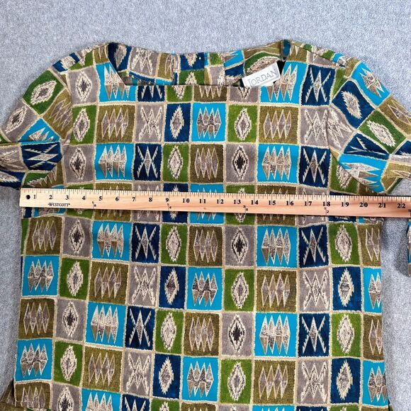 Jordan Vintage 3/4 Sleeve Blouse Womens Large Button Back Square Neck Green/Blue - Picture 5 of 8